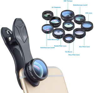 Apexel 10 in 1 Cell Phone Camera Lens Kit, Wide Angle Lens & Macro Lens+Fisheye Lens+Telephoto Lens+CPL/Flow/Radial/Star Filter+Kaleidoscope 3/6 Lens for iPhone Samsung Sony and Most of Smartphone (10 in 1)