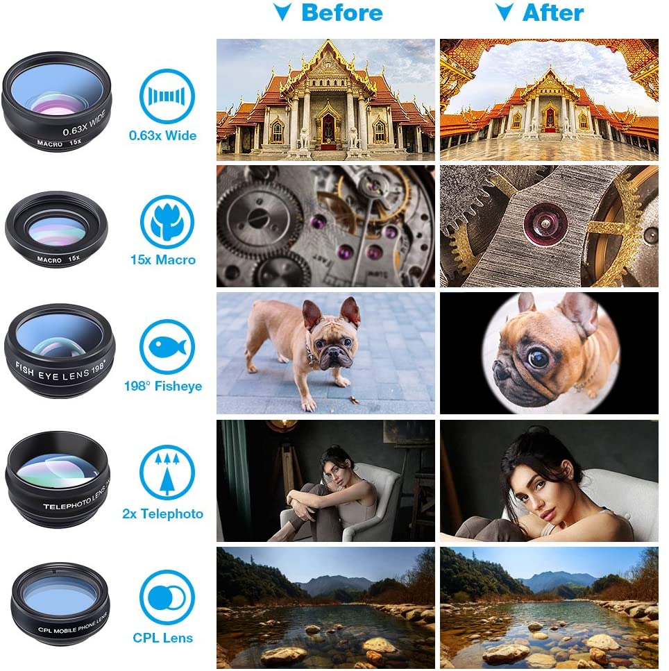 Apexel 10 in 1 Cell Phone Camera Lens Kit, Wide Angle Lens & Macro Lens+Fisheye Lens+Telephoto Lens+CPL/Flow/Radial/Star Filter+Kaleidoscope 3/6 Lens for iPhone Samsung Sony and Most of Smartphone (10 in 1)